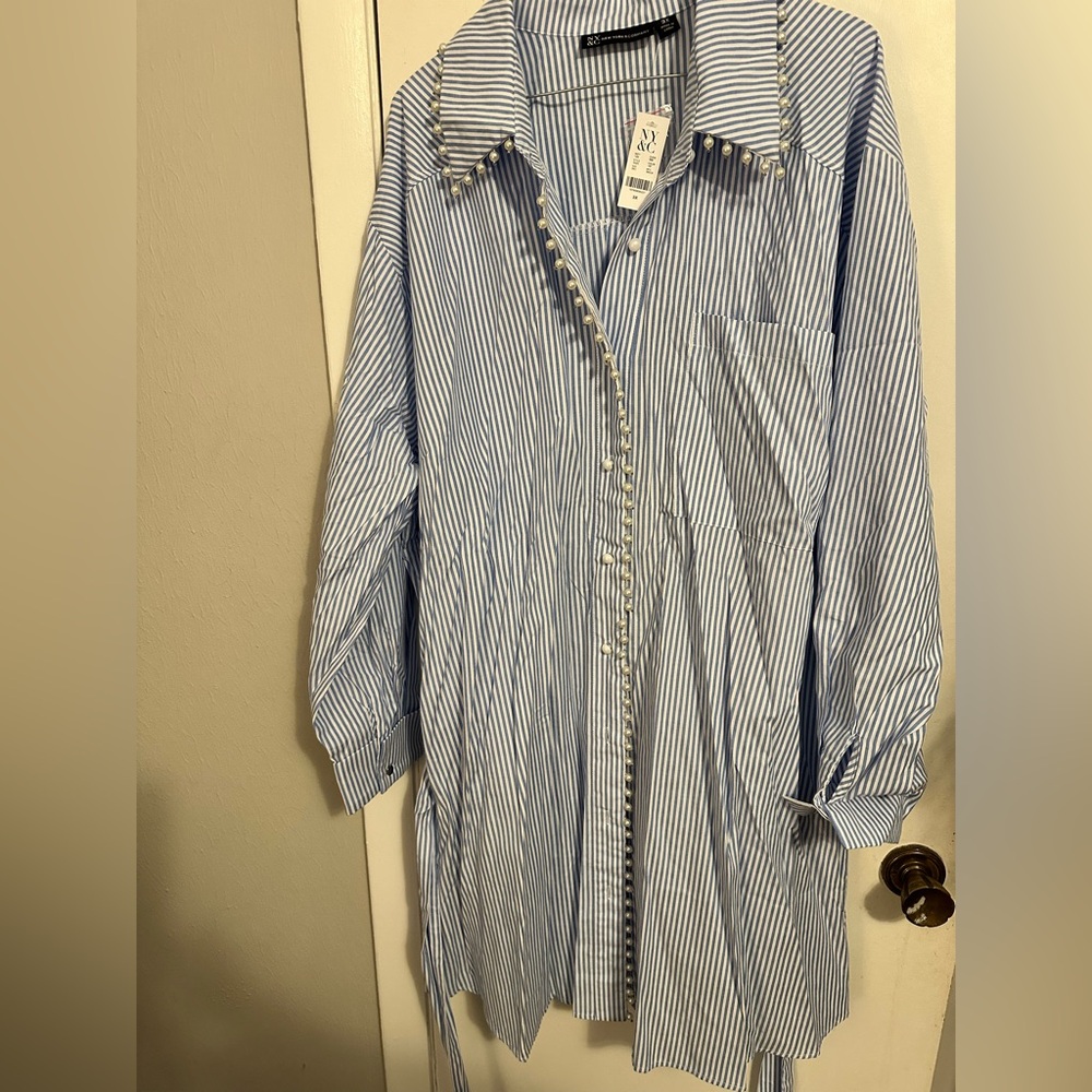NY&Co Blue & White Striped Pearl-Trim Button t-Shirt Dress